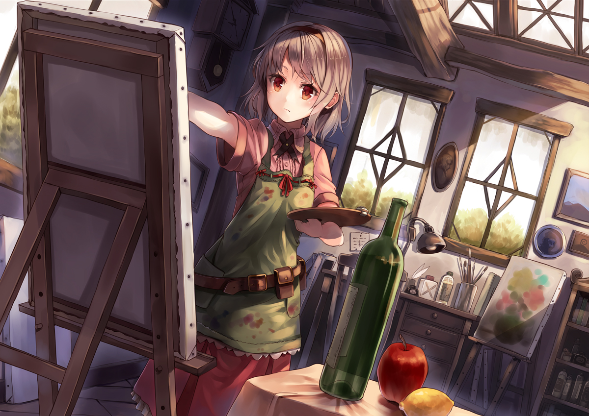 apple, brown_hair, dress, feathers, food, fruit, original, paseri, ribbons, short_hair