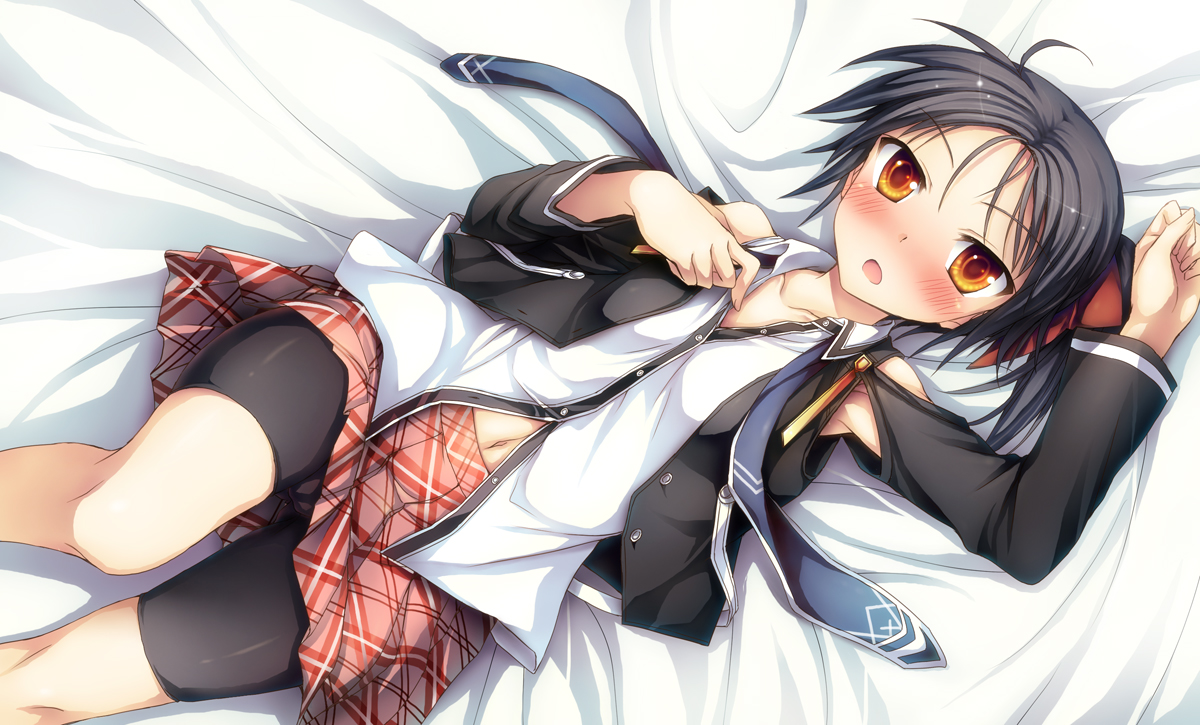 bike_shorts, black_hair, blush, cameltoe, kusakami_akira, orange_eyes, original, ponytail, school_uniform, shorts