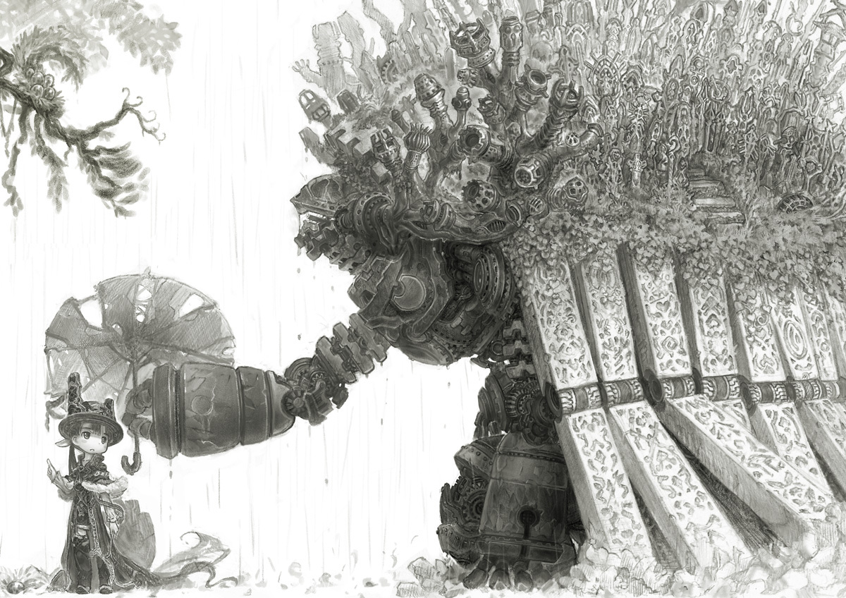 hat, monochrome, original, robot, tree, tsukushi_akihito, umbrella