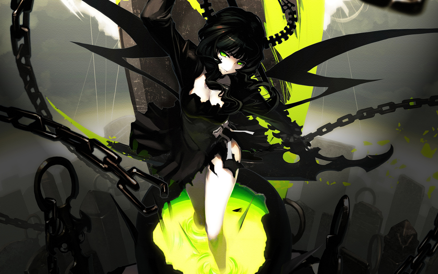 black_rock_shooter, chain, dress, green_eyes, horns, scythe, skull, takanashi_yomi, tsunekun, weapon, wings