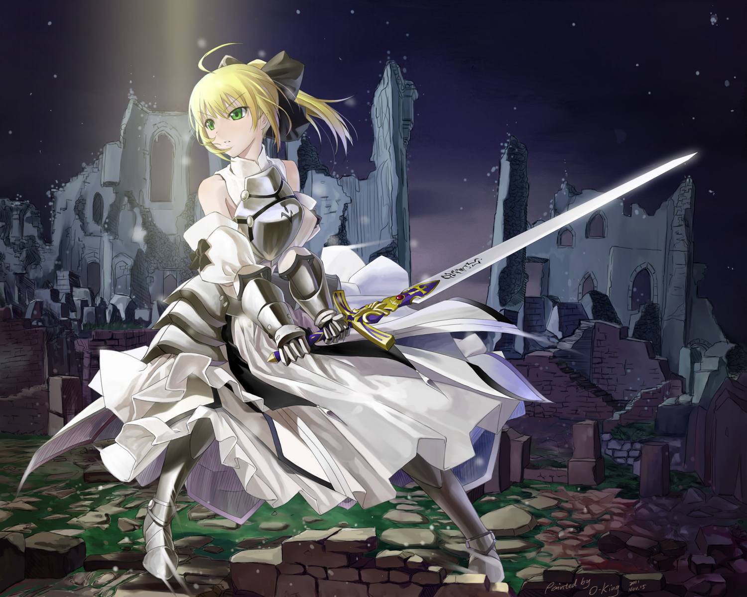 armor, artoria_pendragon_(all), blonde_hair, bow, dress, fate_(series), fate/stay_night, fate/zero
