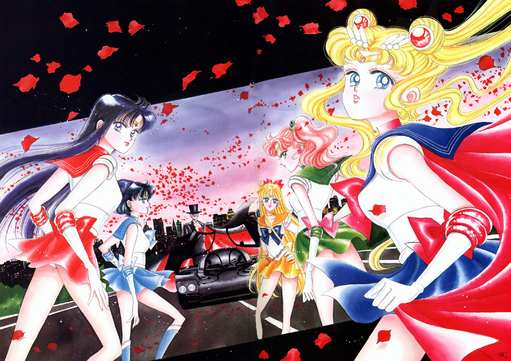 aino_minako, black_hair, blonde_hair, blue_eyes, blue_hair, brown_hair, cape, chiba_mamoru