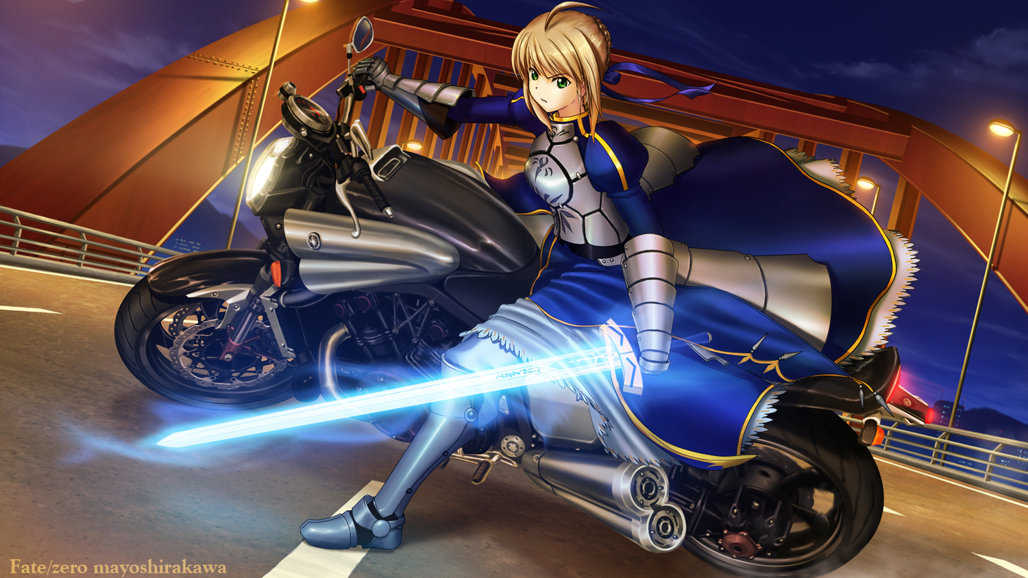 armor, artoria_pendragon_(all), fate_(series), fate/stay_night, fate/zero, motorcycle, saber, shirakawa_mayo, sword, weapon