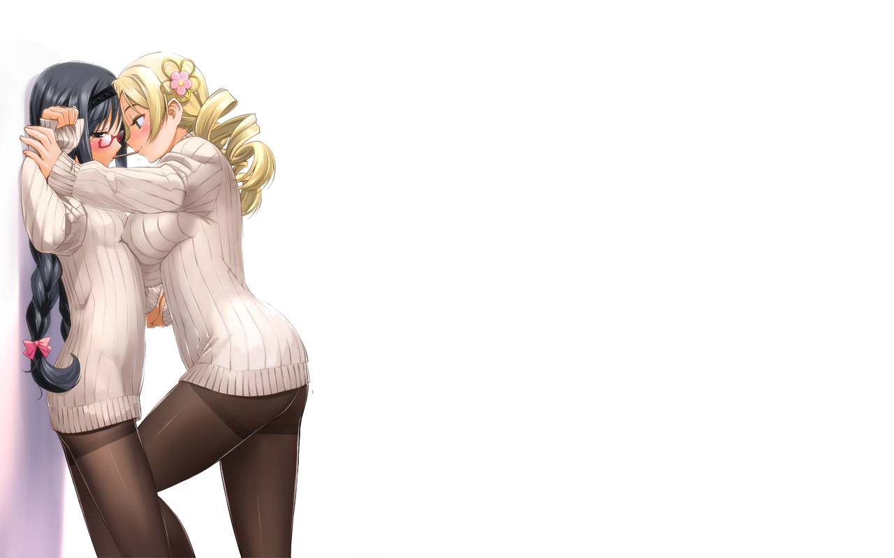 2girls, akemi_homura, black_hair, blonde_hair, blush, breasts, food, glasses, mahou_shoujo_madoka_magica, pantyhose, pocky, purple_eyes, sasayuki, shoujo_ai, tomoe_mami, white, yellow_eyes