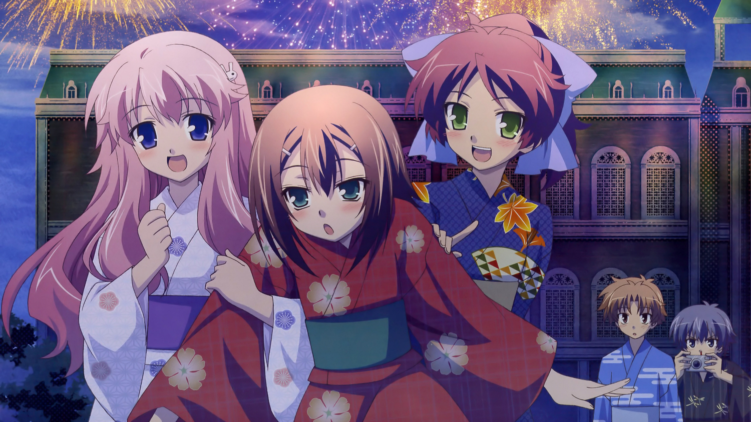 baka_to_test_to_shoukanjuu, fireworks, himeji_mizuki, japanese_clothes, kinoshita_hideyoshi, male, otoko_no_ko, shimada_minami, summer, tsuchiya_kouta, yoshii_akihisa, yukata