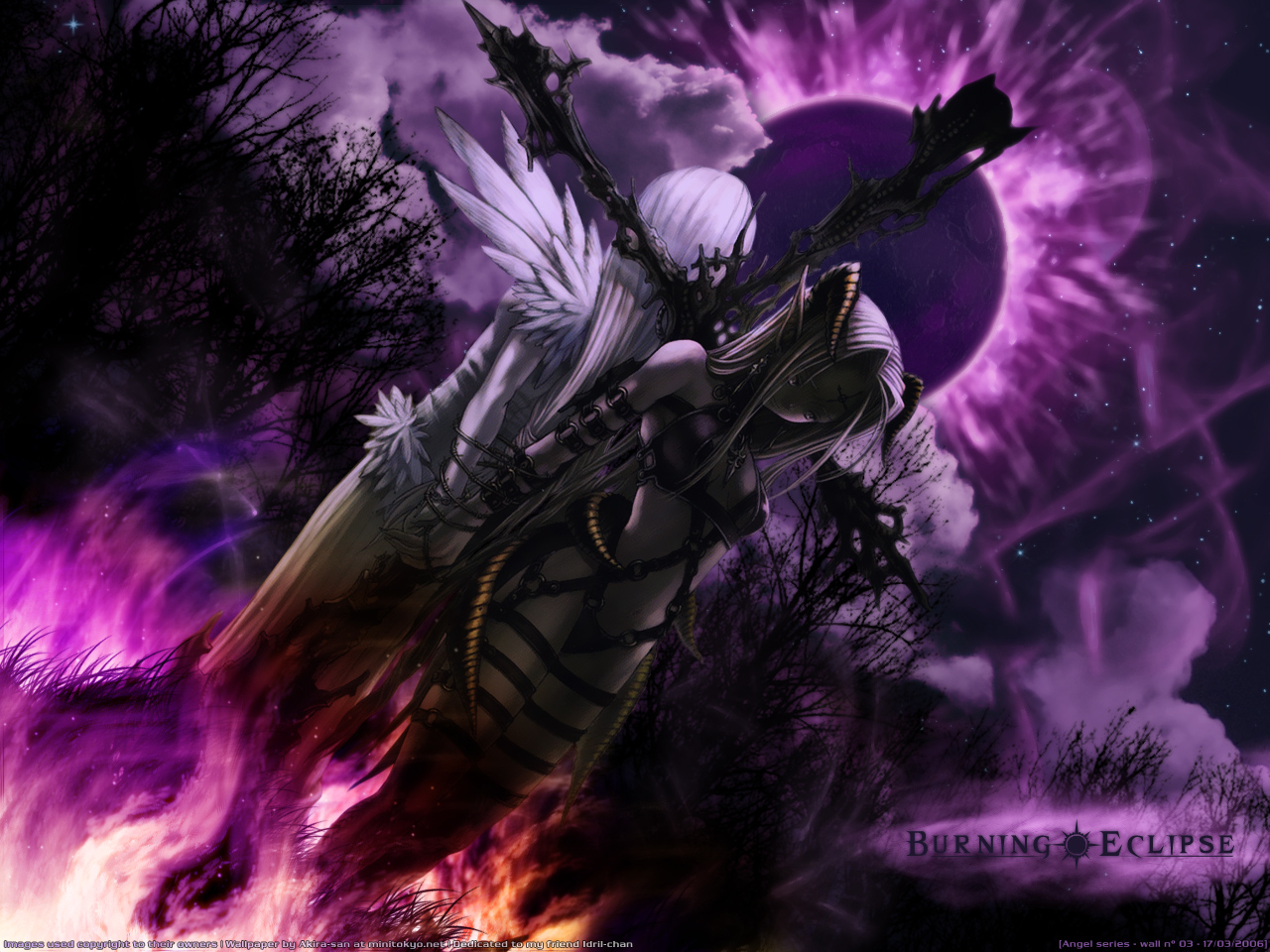 2girls, cross, fire, gothic, horns, long_hair, mizusawa_hikaru, moon, night, original, pointed_ears, sky, white_hair, wings