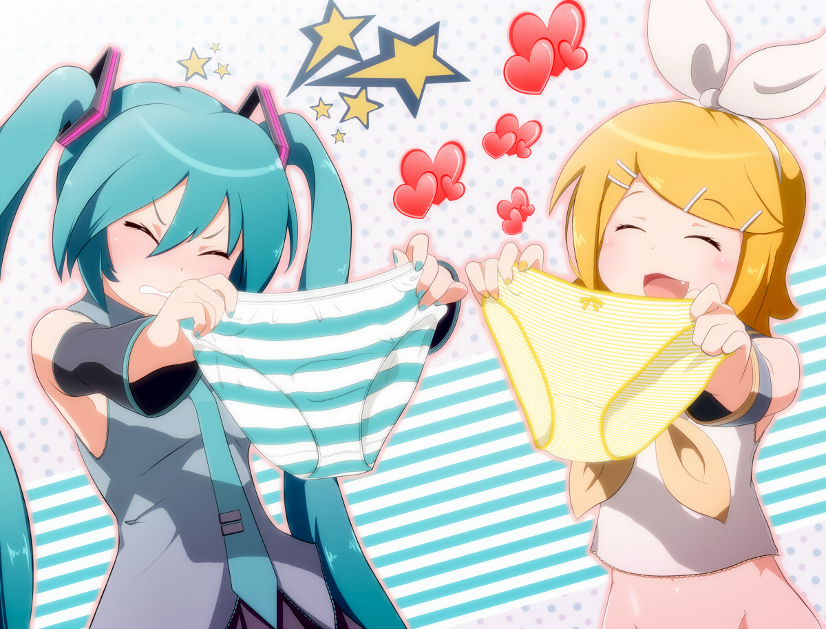 bottomless, hatsune_miku, kagamine_rin, panties, striped_panties, tadahama, underwear, vocaloid