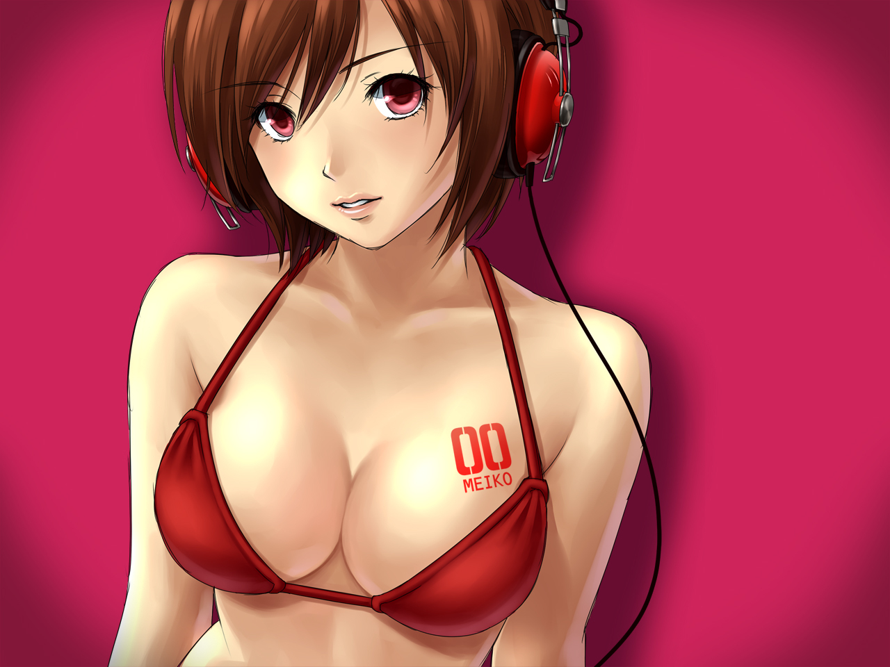 asami_(undoundo), bikini, breasts, brown_hair, cleavage, headphones, meiko, pink_eyes, short_hair, swimsuit, vocaloid