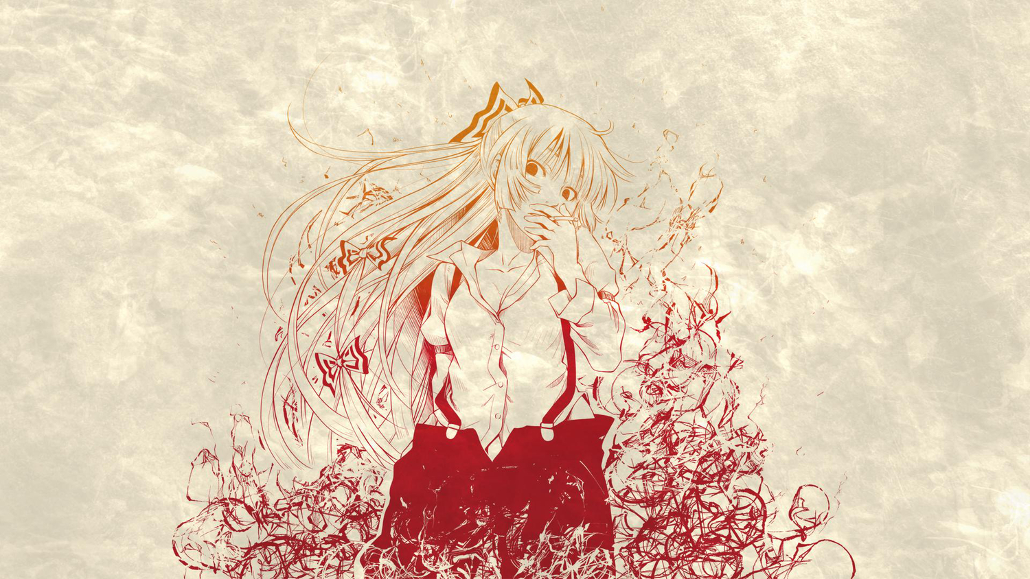akino_sora, bow, cigarette, fujiwara_no_mokou, long_hair, touhou