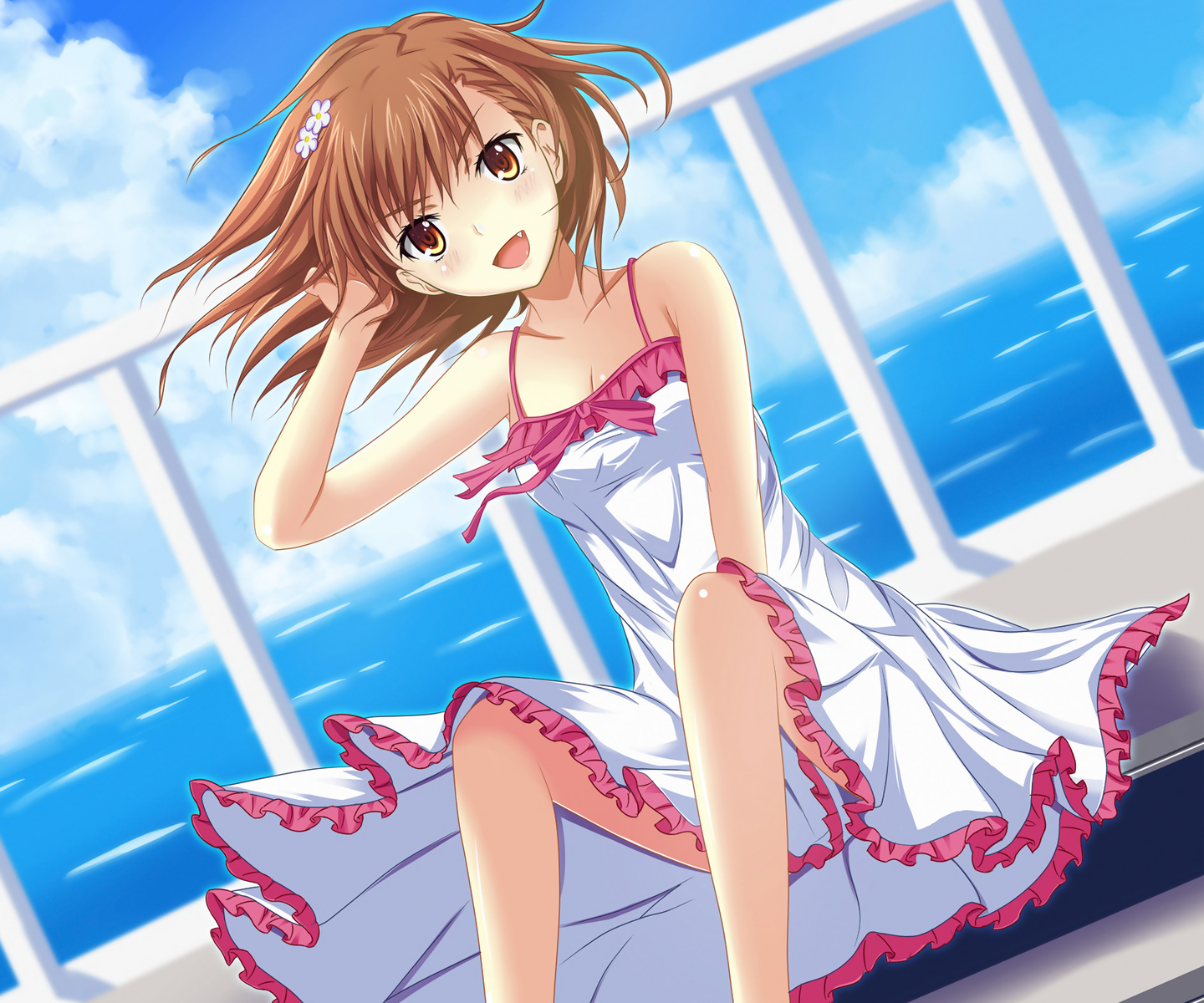 breasts, brown_eyes, brown_hair, cleavage, clouds, dress, fang, kamiko_to_seiryoku, misaka_mikoto, short_hair, sky, summer_dress, to_aru_kagaku_no_railgun, to_aru_majutsu_no_index, water