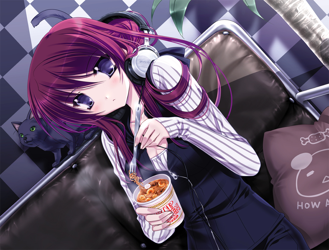 animal, cat, food, headphones, original, ryuuga_shou