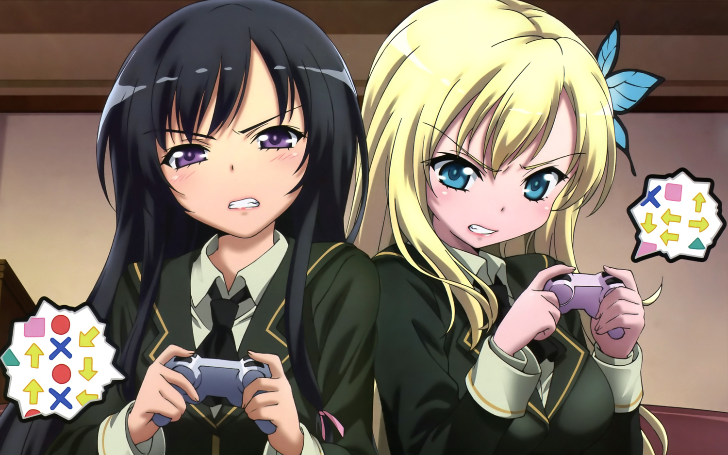 black_hair, blonde_hair, blue_eyes, boku_wa_tomodachi_ga_sukunai, butterfly, kashiwazaki_sena, long_hair, mikazuki_yozora, purple_eyes, school_uniform, watanabe_yoshihiro