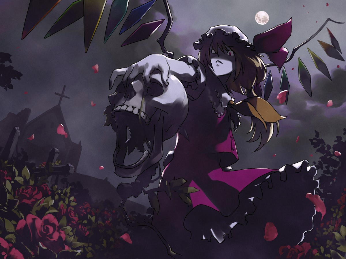 blonde_hair, flandre_scarlet, fuchida_kazuhiro, hat, jpeg_artifacts, red_eyes, skull, touhou, vampire