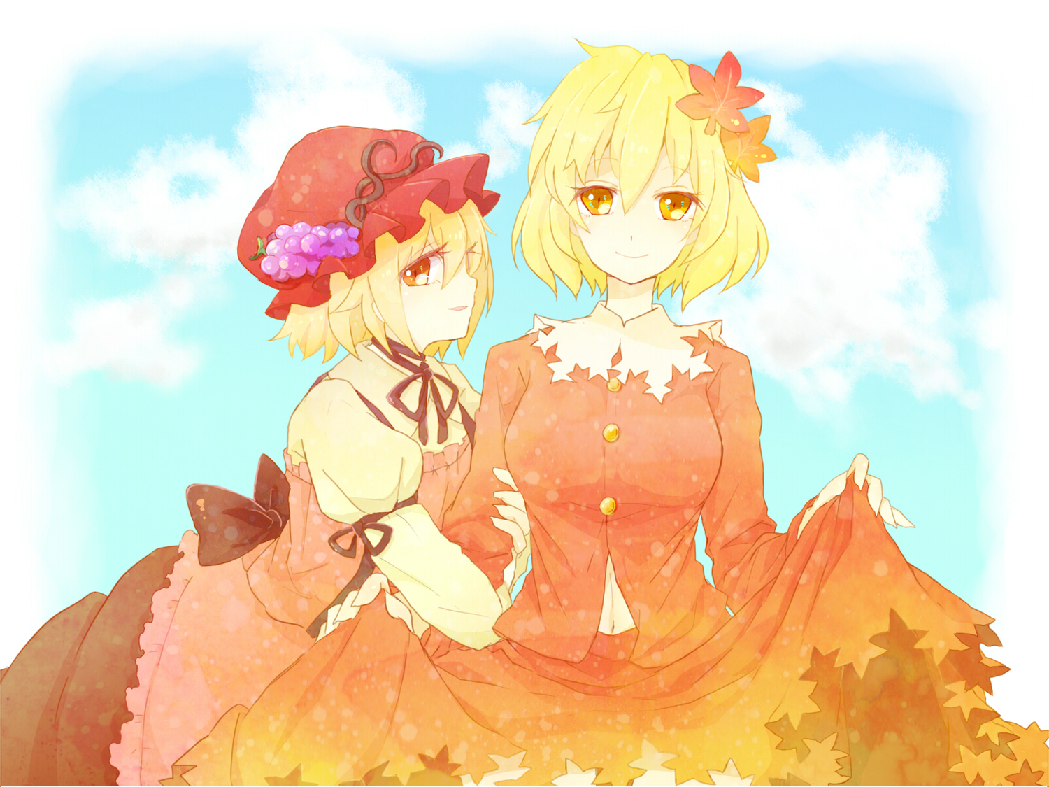 2girls, aki_minoriko, aki_shizuha, blonde_hair, hat, rojiuranoneko, short_hair, touhou