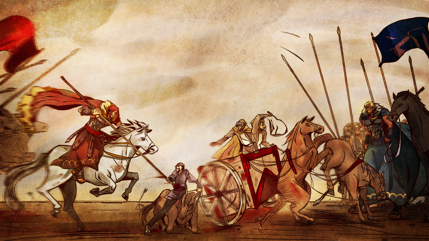 alexander_(fate), all_male, animal, armor, blonde_hair, blood, cape, fate_(series), fate/stay_night, fate/zero, group, horse, jeran_(ggokd), male, red_hair, short_hair, spear, weapon