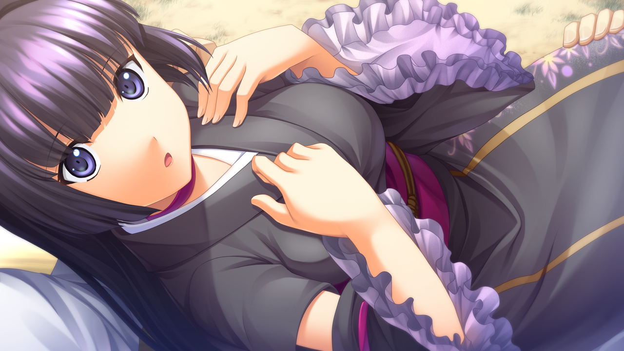 akatsuki-works, blue_eyes, game_cg, izuna_zanshinken, japanese_clothes, kimono, kuzuryuu_suzuka, purple_hair