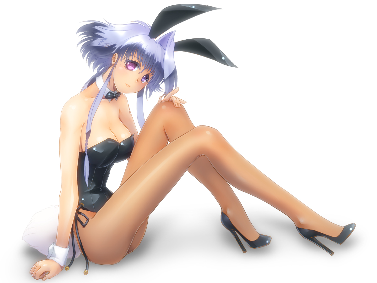 animal_ears, bicolored_eyes, blue_hair, bow, breasts, bunny_ears, bunnygirl, cleavage