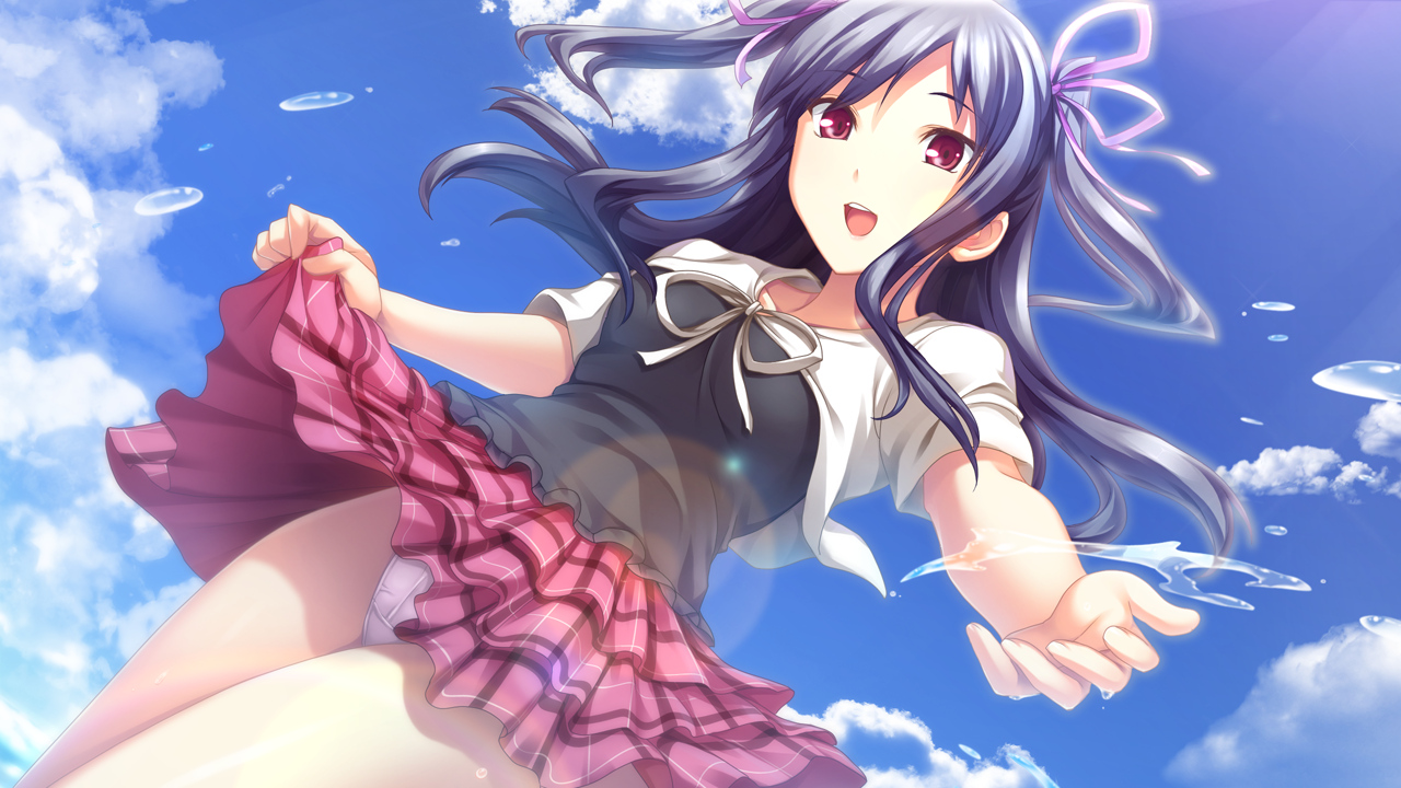akatsuki-works, clouds, game_cg, izuna_zanshinken, long_hair, panties, purple_hair, red_eyes