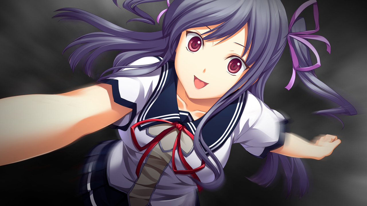 akatsuki-works, game_cg, izuna_zanshinken, purple_hair, red_eyes, ribbons, school_uniform, tagme_(character)