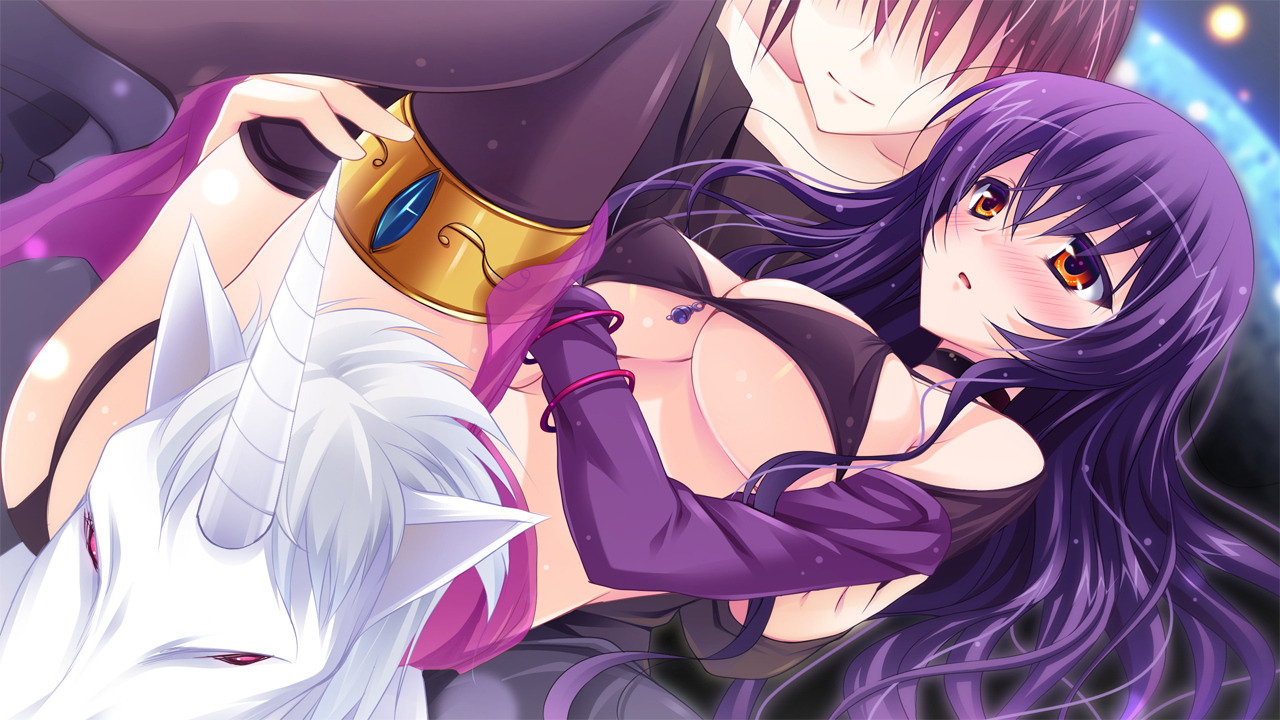 animal, bikini_top, blush, breasts, collar, game_cg, horse, long_hair
