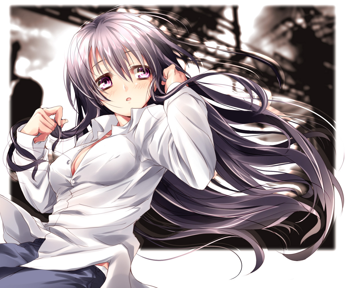 breasts, cleavage, jpeg_artifacts, long_hair, matsuno_canel, open_shirt, original, purple_eyes