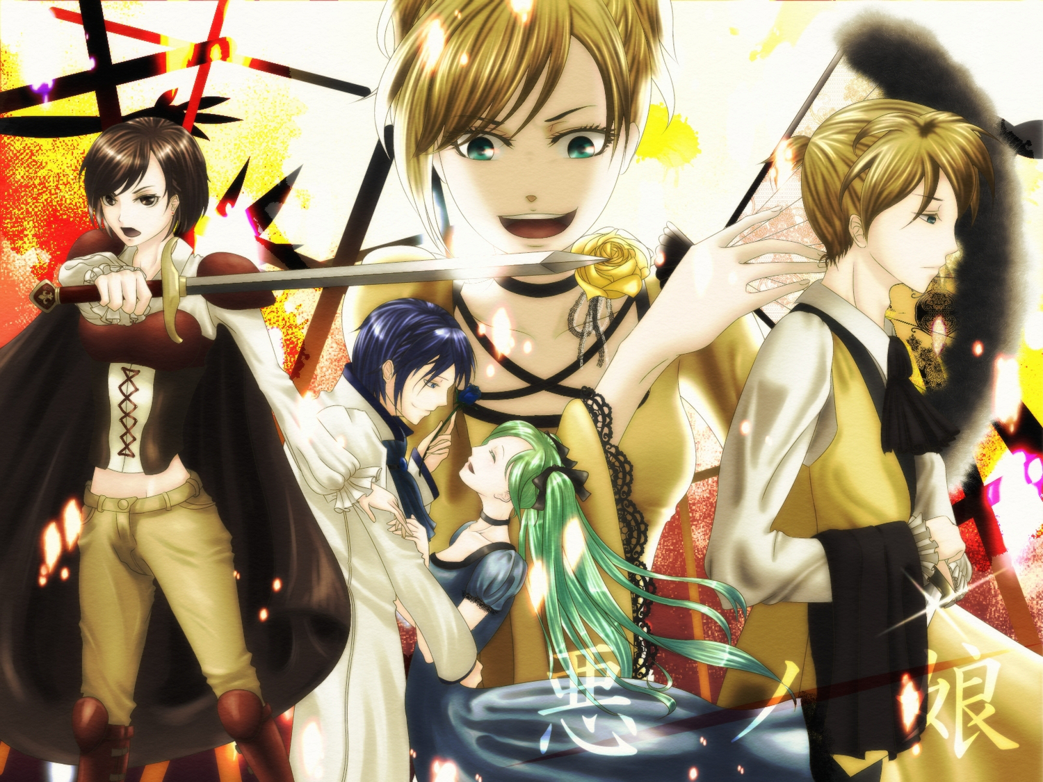 aku_no_musume_(vocaloid), blonde_hair, hatsune_miku, kagamine_len, kagamine_rin, kaito, male, meiko