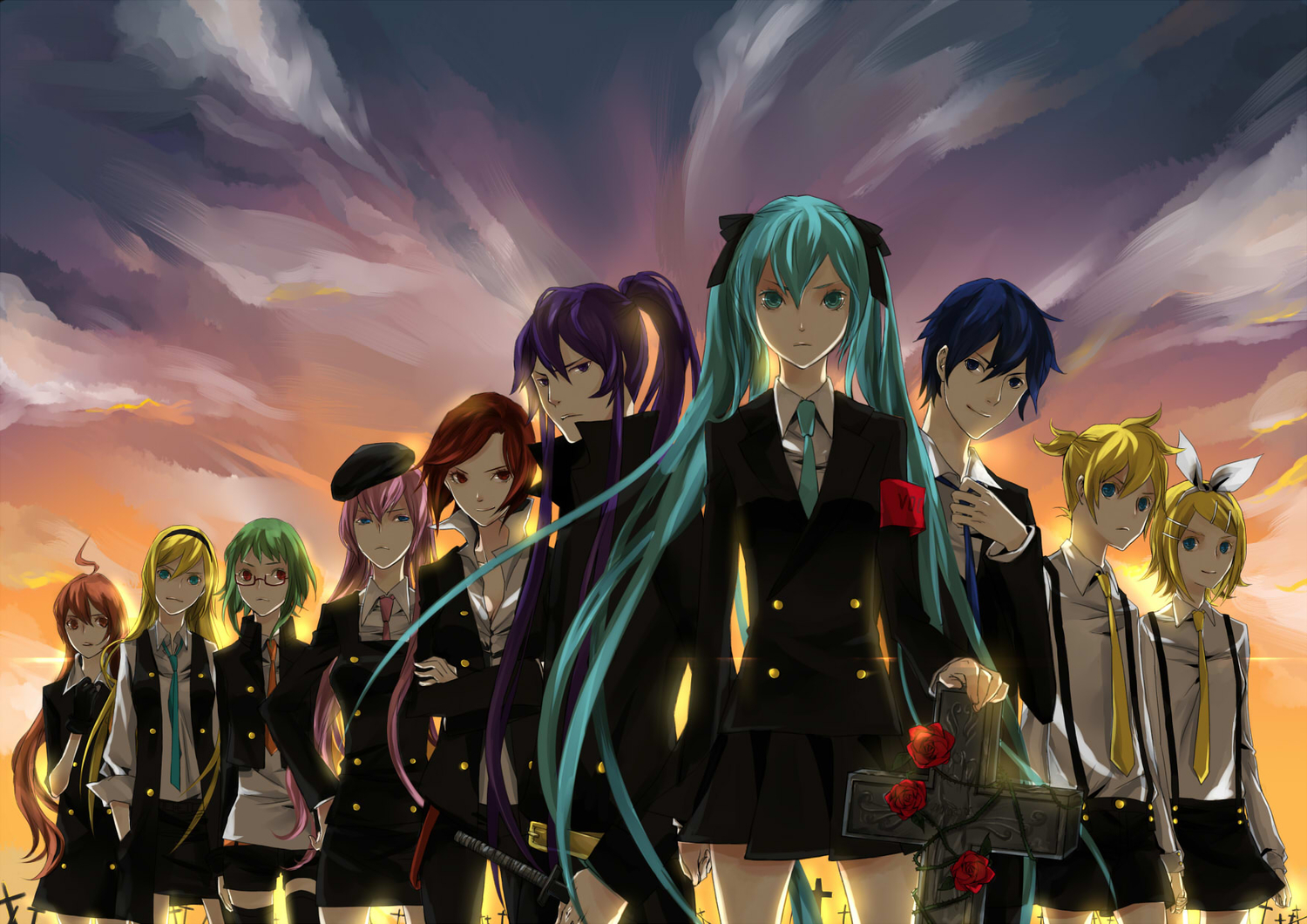 blue_eyes, blue_hair, brown_hair, cross, flowers, glasses, green_hair, group, gumi, hatsune_miku, kagamine_len, kagamine_rin, kaito, kamui_gakupo, katana, lily_(vocaloid), long_hair, male, megurine_luka, meiko, miki_(vocaloid), mouseqi, purple_eyes, purple_hair, red_eyes, rose, sword, tie, twintails, vocaloid, weapon