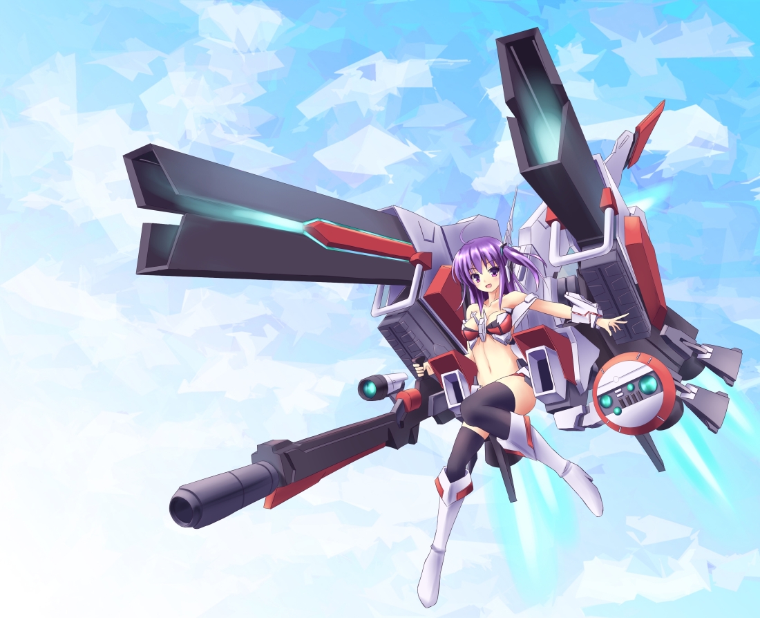 boots, gun, mechagirl, murasaki_shitsu, original, purple_hair, sky, thighhighs