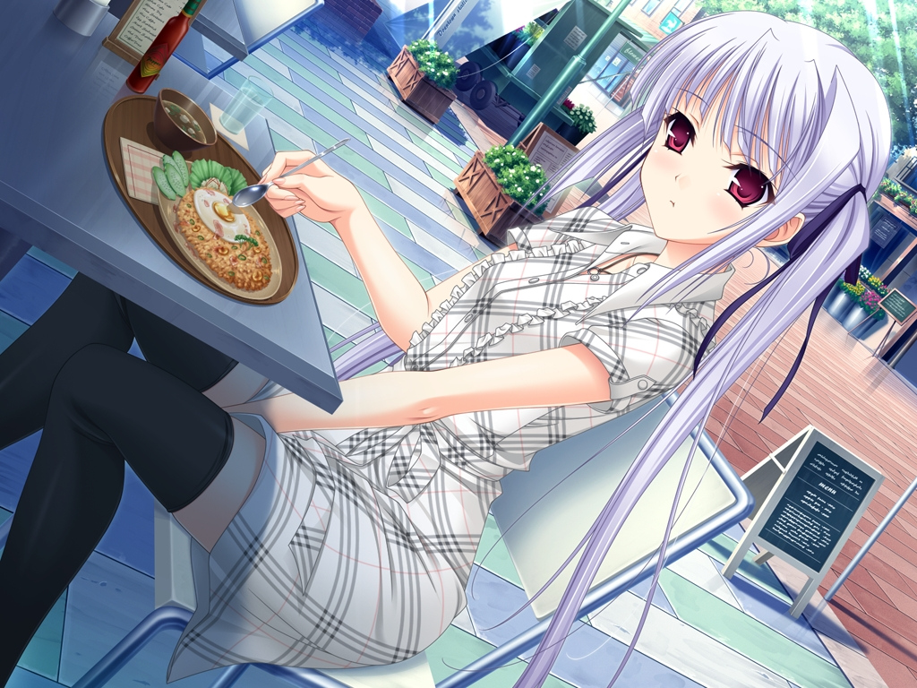 dress, food, game_cg, komori_kei, lisa_eostre, necklace, red_eyes, ricotta