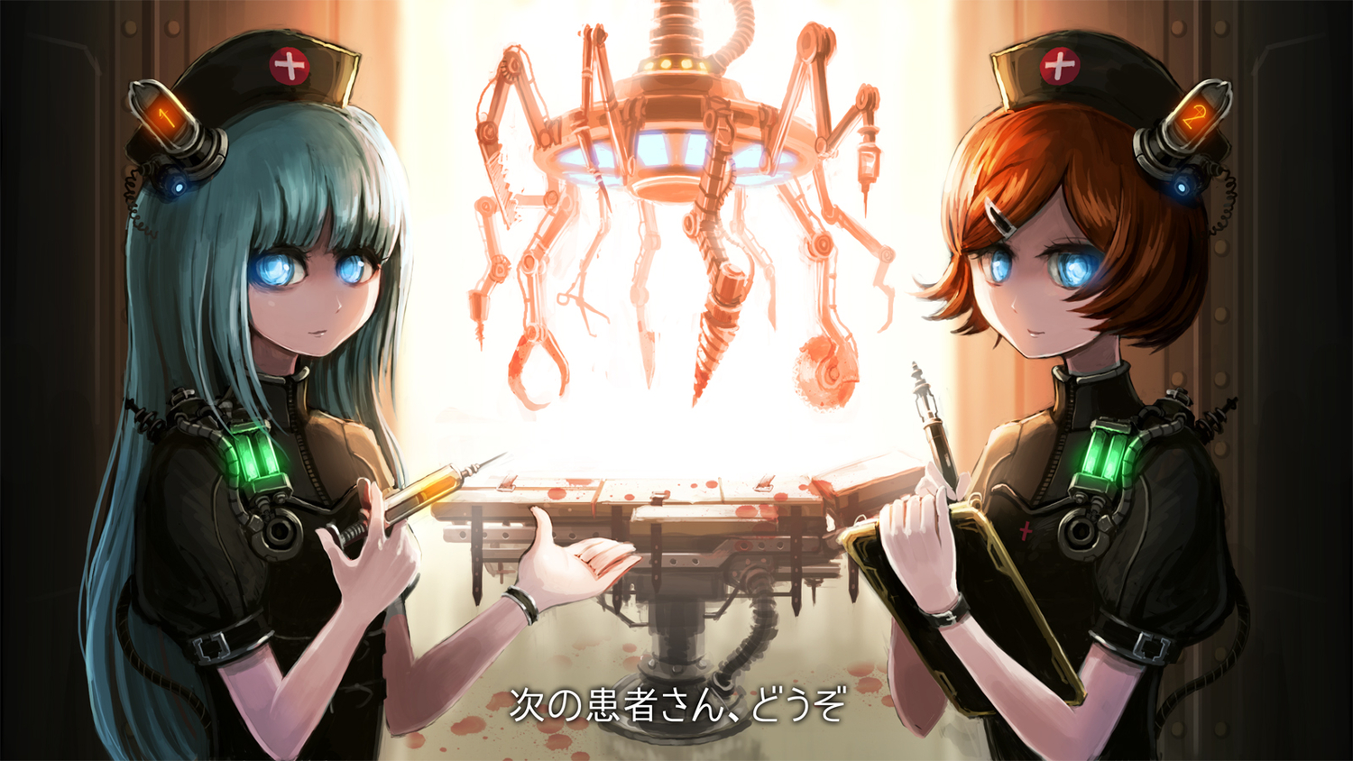 blood, blue_eyes, blue_hair, long_hair, orange_hair, original, short_hair, techgirl