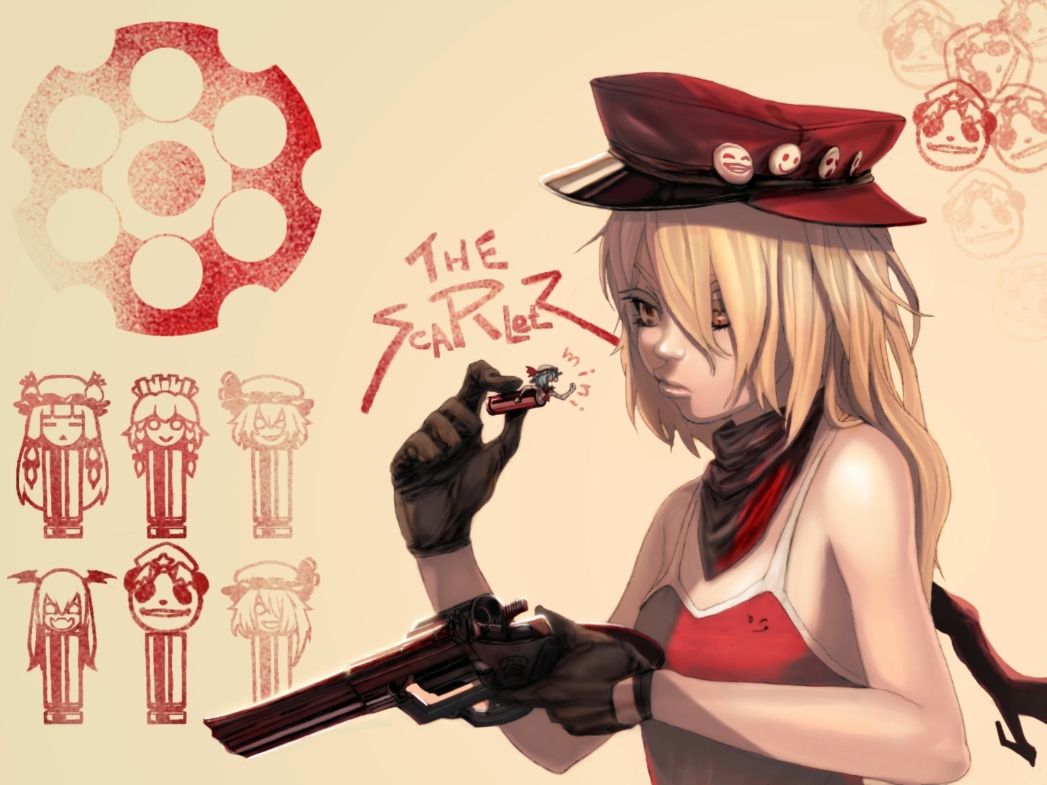 demon, flandre_scarlet, gloves, gun, hat, hong_meiling, izayoi_sakuya, kiki_(uxoia), koakuma, patchouli_knowledge, remilia_scarlet, touhou, weapon