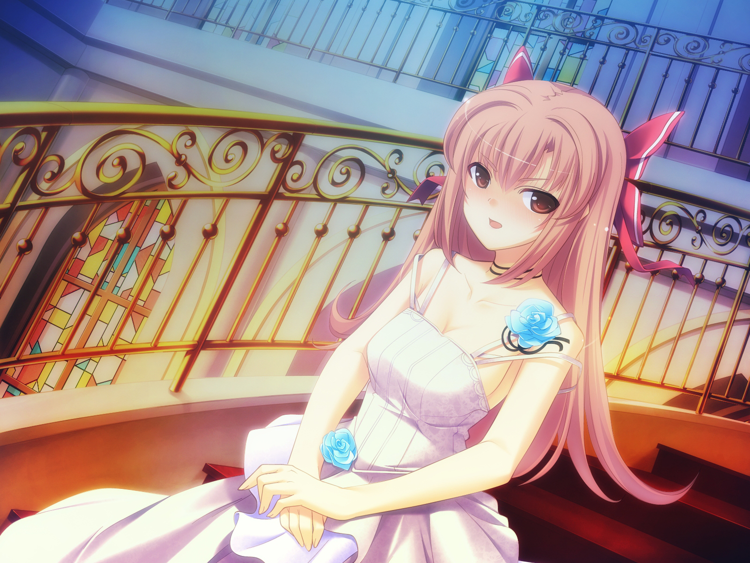bow, brown_eyes, dress, game_cg, kurouzu_tsumire, long_hair, pink_hair, stairs