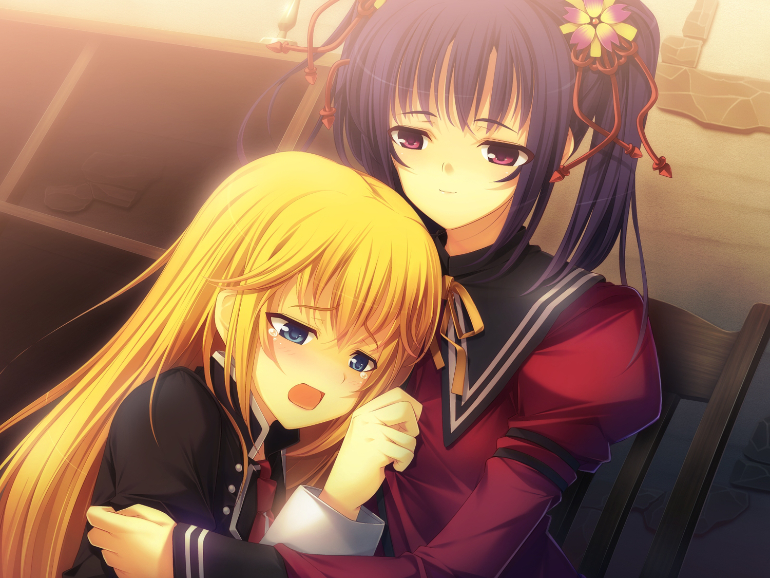 blonde_hair, blue_eyes, blush, futami_ayame, futami_sora, game_cg, long_hair, male