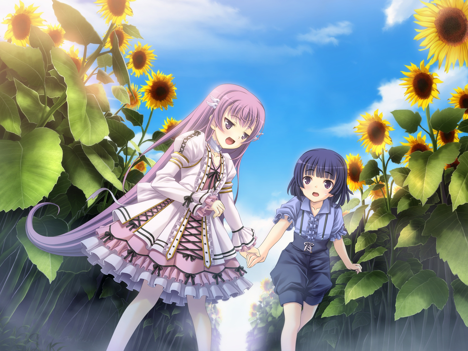 blue_hair, clouds, dress, flowers, futami_ayame, game_cg, loli, lolita_fashion, long_hair, male, otoko_no_ko, pink_hair, short_hair, sky, sunflower, tagme_(artist), tenshi_no_hane_wo_fumanaide, yuuzutsu_hanene