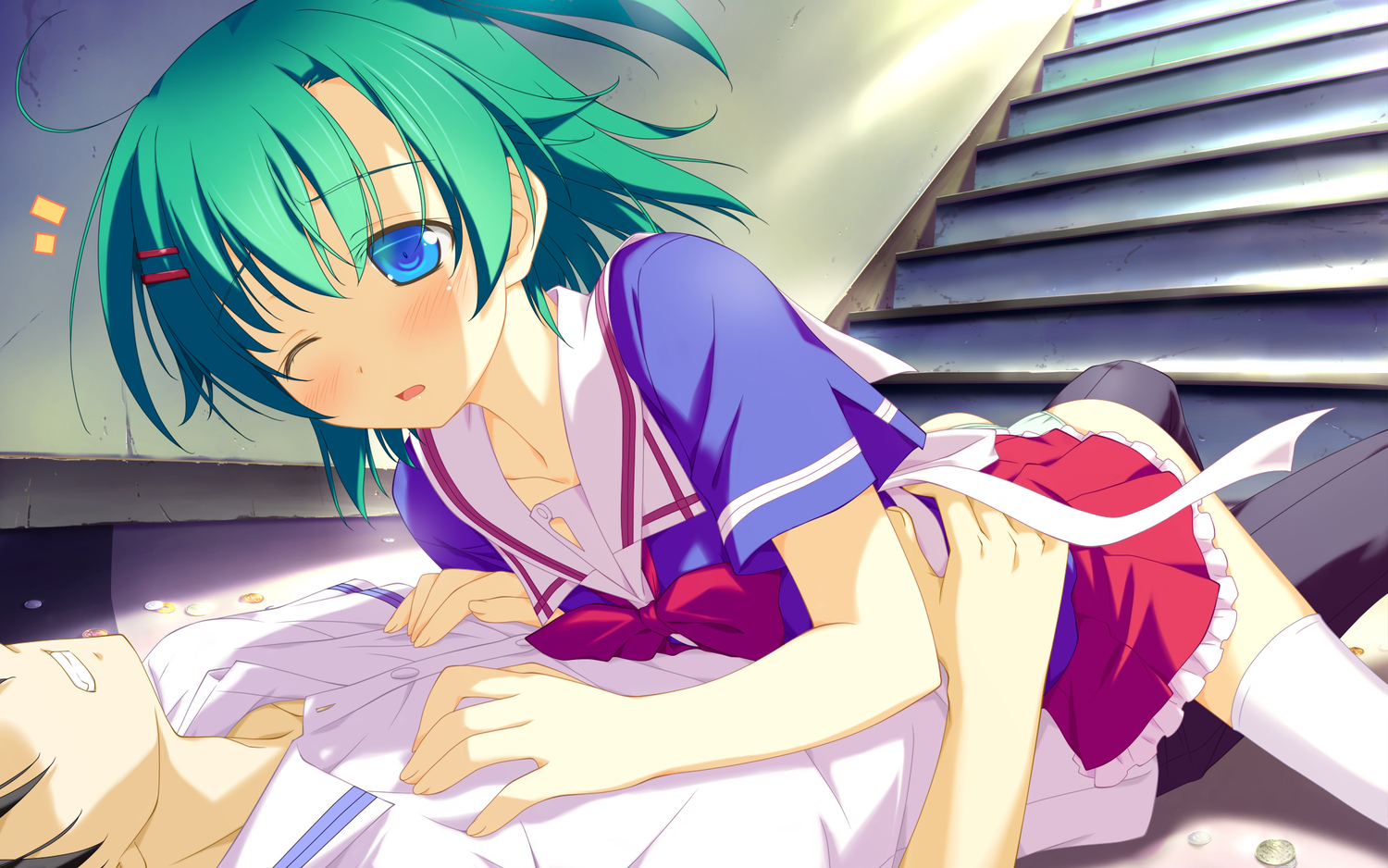 black_hair, blue_eyes, blush, favorite, game_cg, green_hair, gt, irotoridori_no_sekai