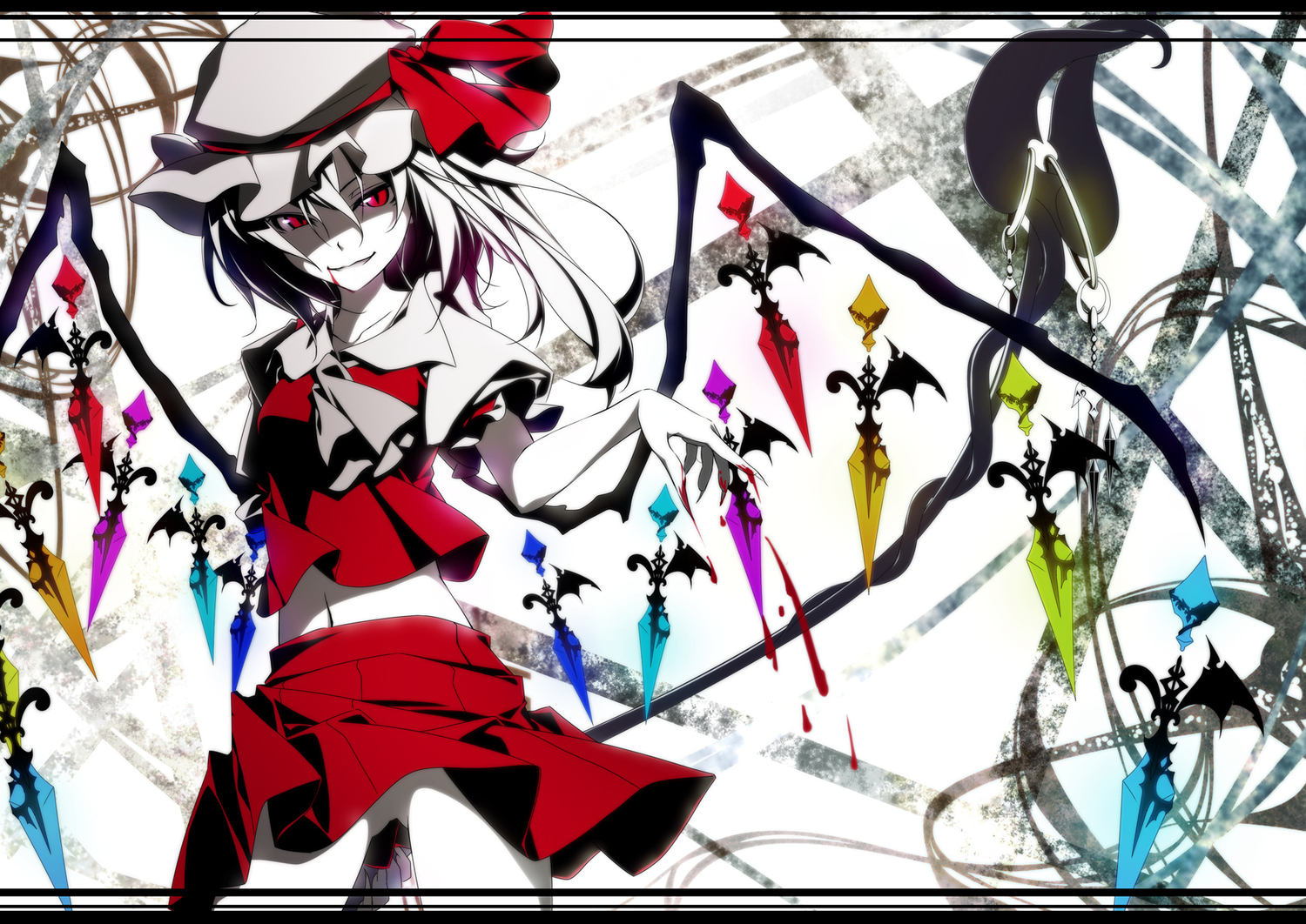 blood, flandre_scarlet, hat, matsuyama_nozomu, polychromatic, red_eyes, touhou, vampire, wings