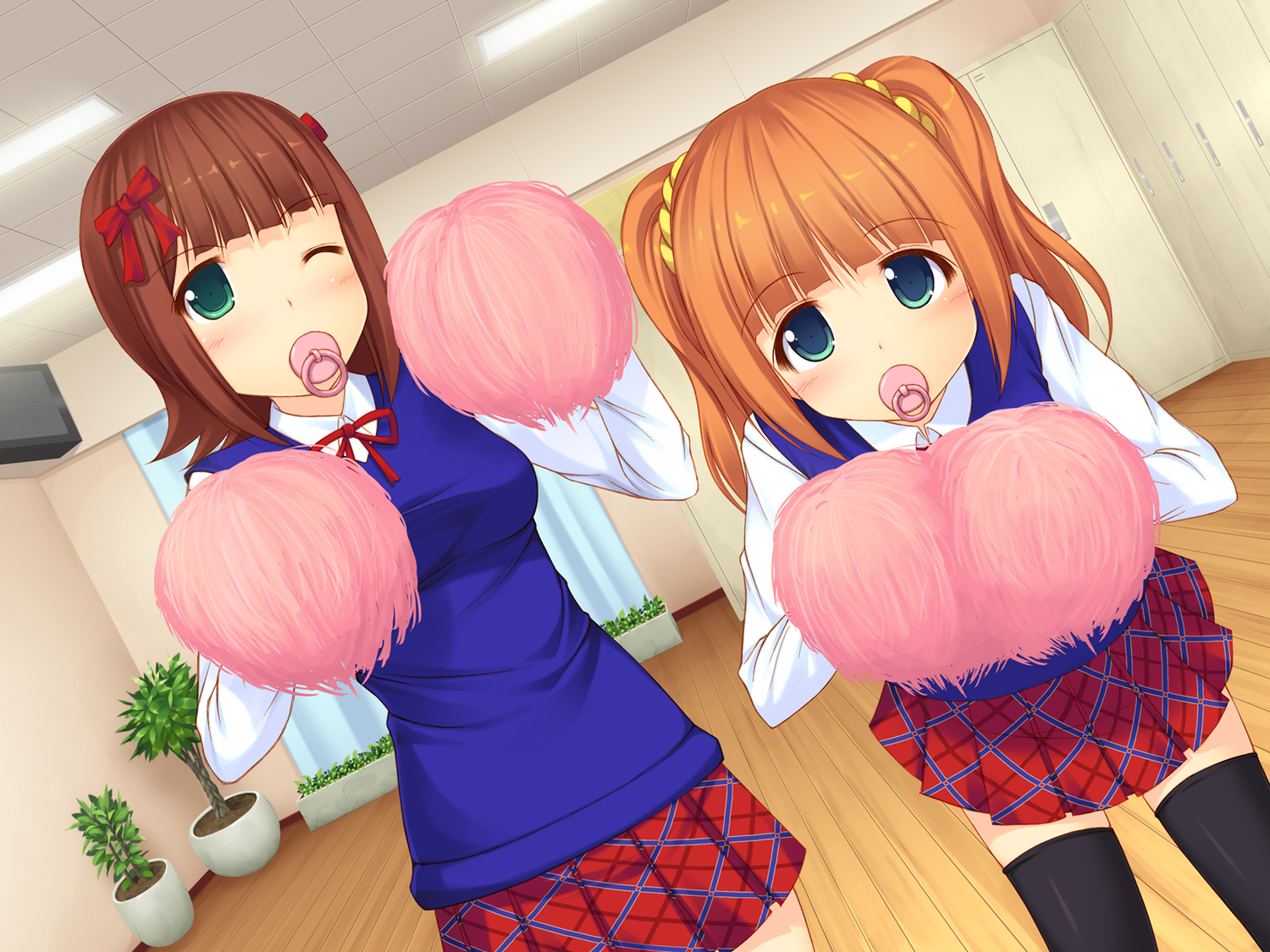 amami_haruka, idolmaster, kageira, school_uniform, takatsuki_yayoi, thighhighs, twintails, wink