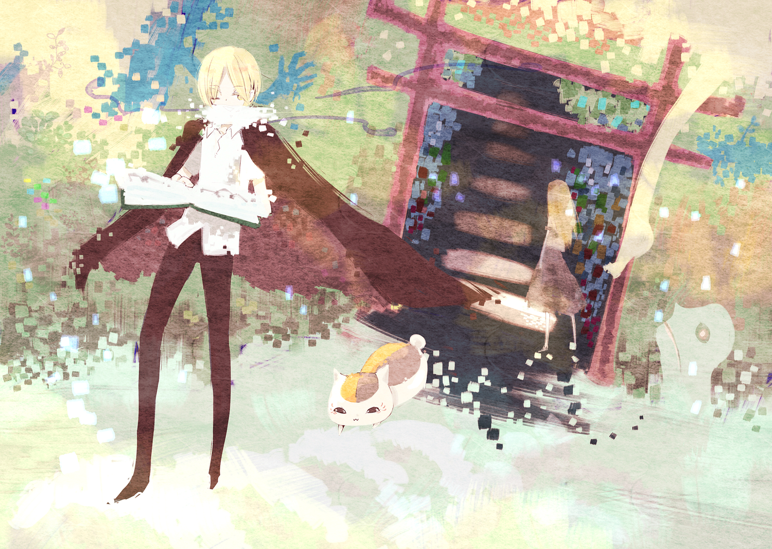 animal, blonde_hair, book, cape, cat, jippun_maru, long_hair, madara, male, natsume_reiko, natsume_takashi, natsume_yuujinchou, short_hair, skirt, torii, wink, yellow_eyes
