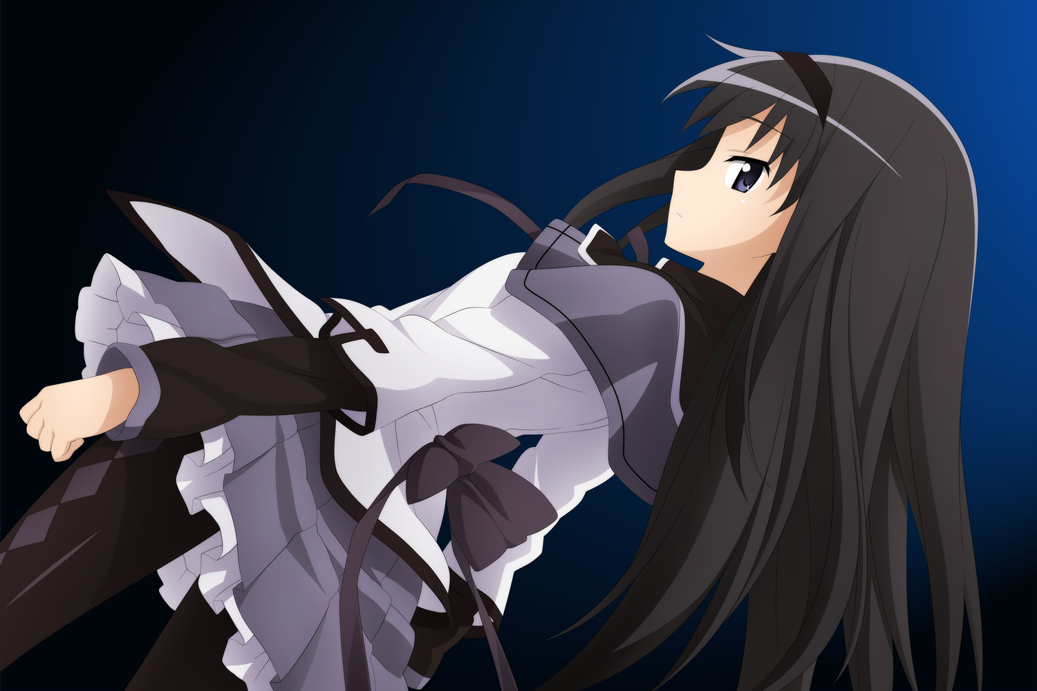 akemi_homura, black_hair, jpeg_artifacts, long_hair, mahou_shoujo_madoka_magica, over_drive, pantyhose, wave_ride