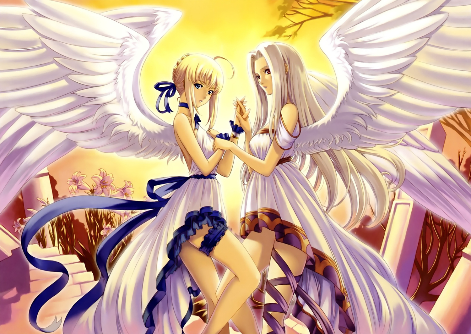 angel, artoria_pendragon_(all), dress, eiwa, fate_(series), fate/stay_night, fate/zero, garter, irisviel_von_einzbern, saber, wings