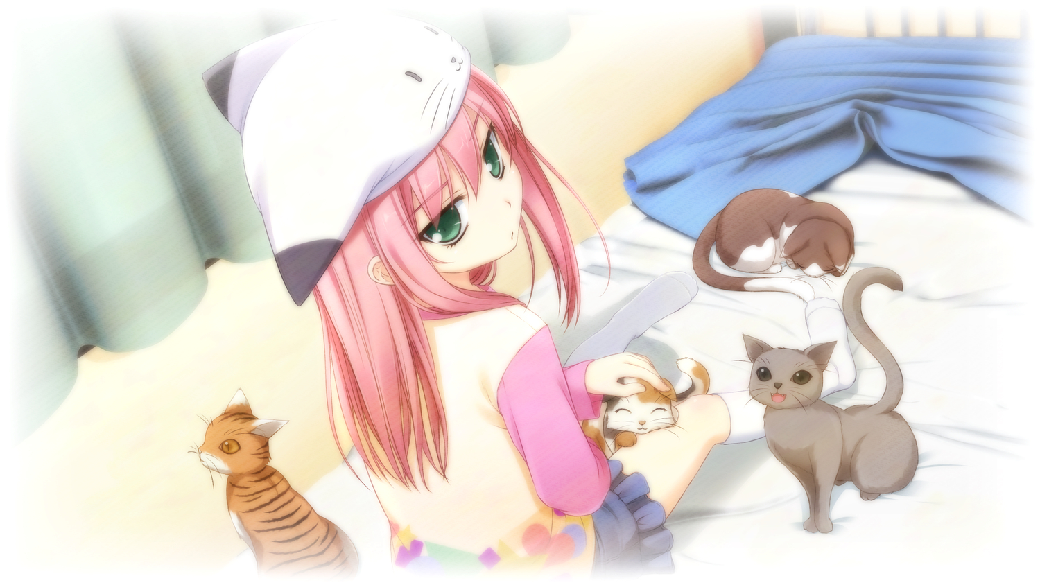 animal, cat, game_cg, hat, kazami_haruki, ninomae_sakura, pink_hair, shunki_gentei_poco_a_poco