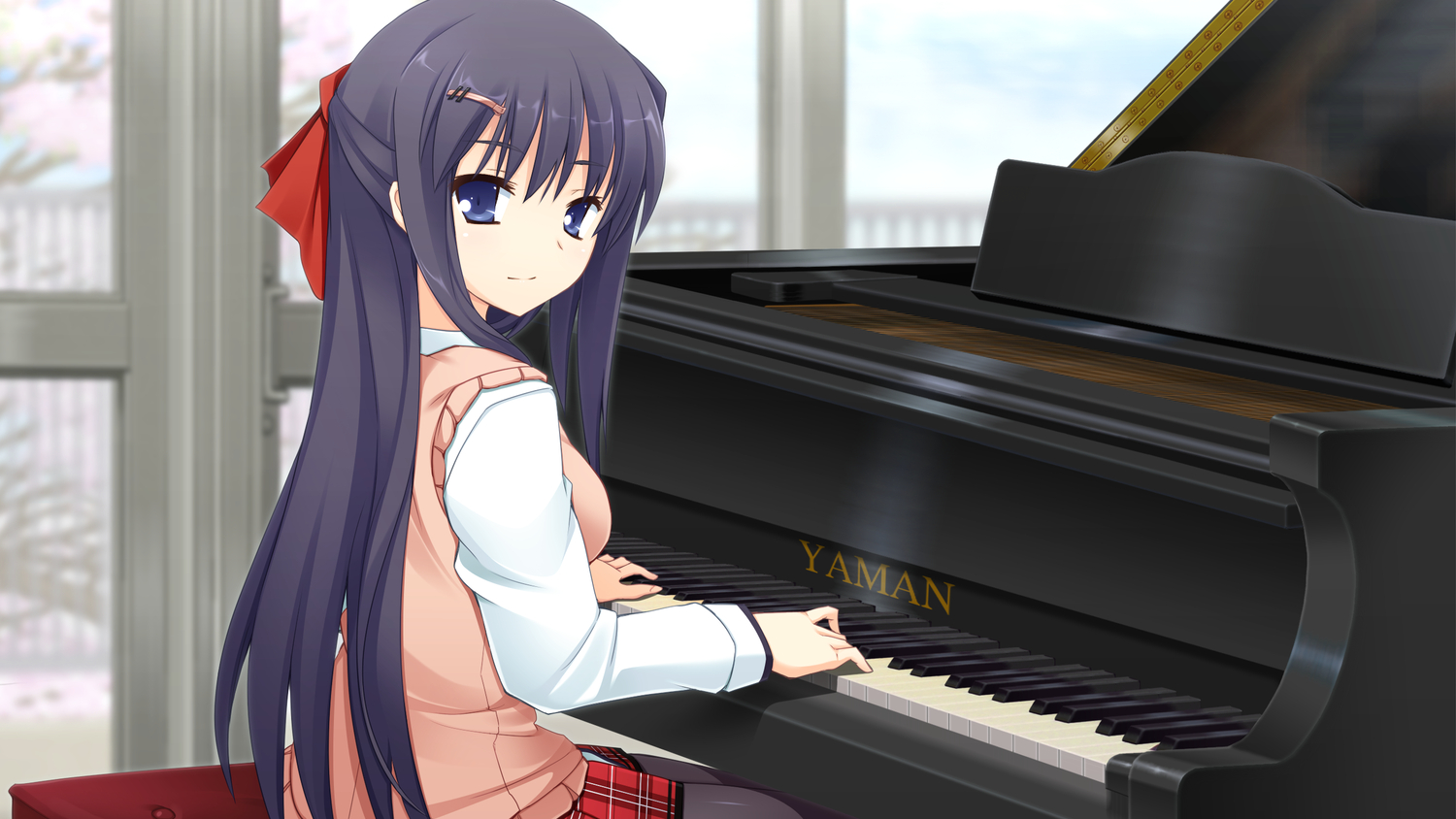 black_hair, blue_eyes, game_cg, instrument, long_hair, mutou_kurihito, piano, school_uniform, shunki_gentei_poco_a_poco, yuki_natsume