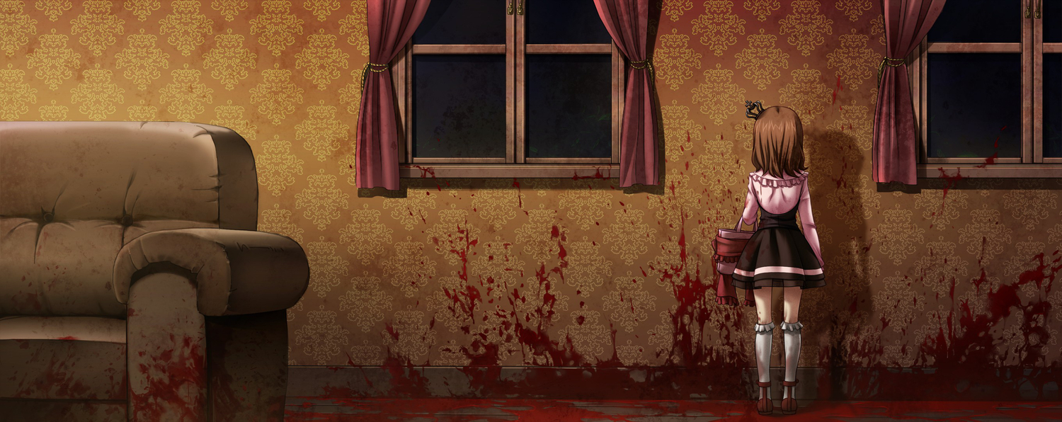 blood, brown_hair, crown, dark, dress, dualscreen, game_cg, kneehighs