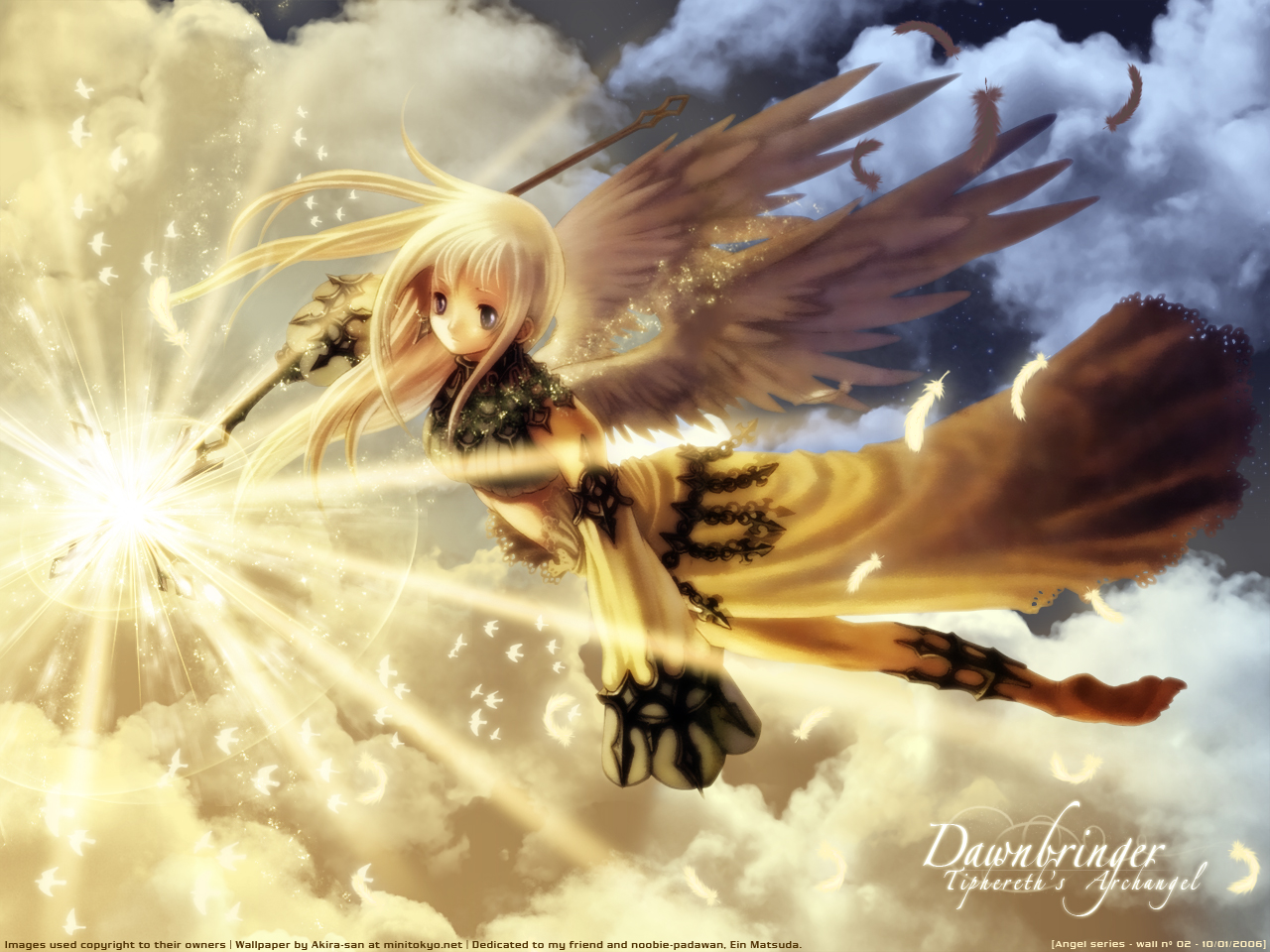 angel, animal, bird, blonde_hair, clouds, feathers, long_hair, mizusawa_hikaru