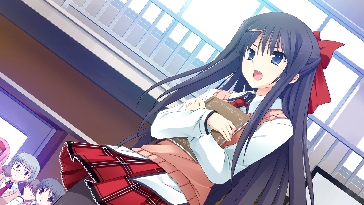 black_hair, blue_eyes, game_cg, long_hair, mutou_kurihito, school_uniform, shunki_gentei_poco_a_poco, yuki_natsume