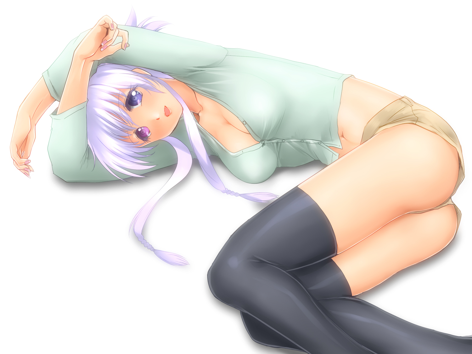 ass, bicolored_eyes, breasts, cleavage, fang, navel, original, purple_hair