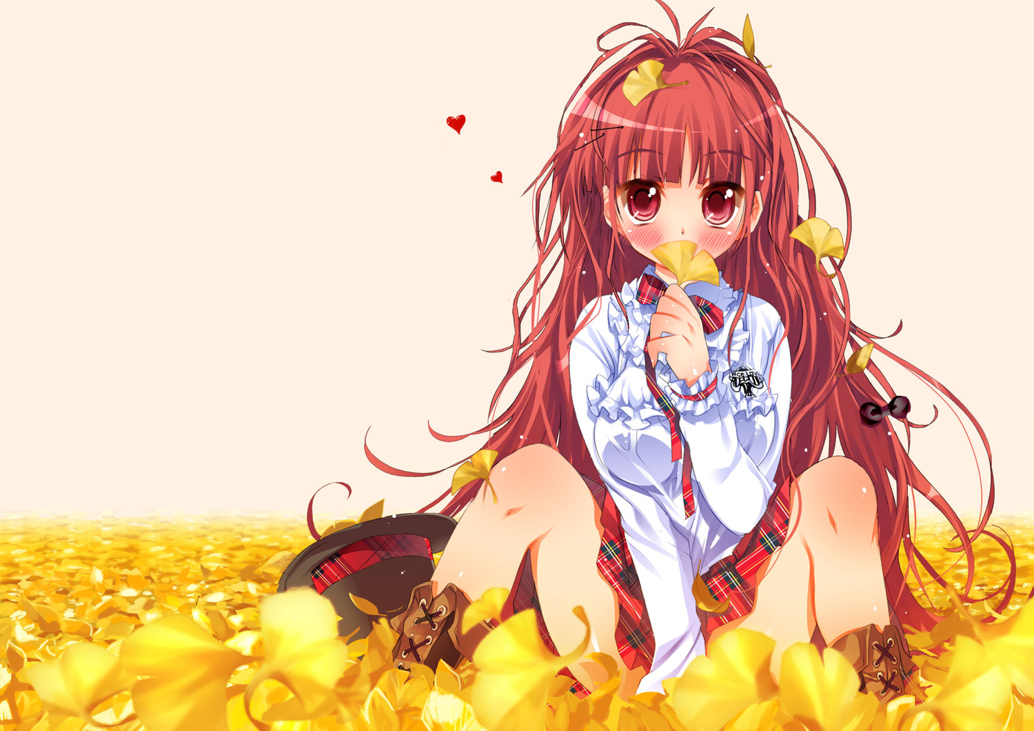 blush, boots, flowers, hat, original, red_eyes, red_hair, skirt