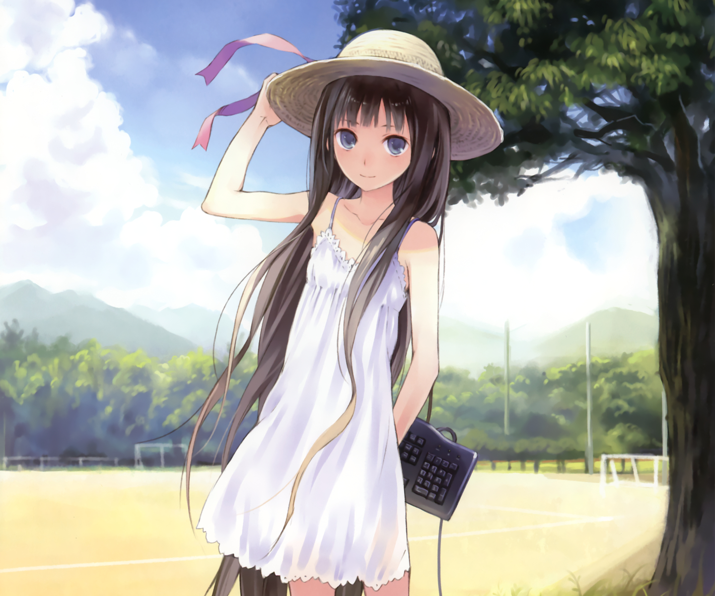 black_hair, blue_eyes, dress, hat, kamisama_no_memo_chou, kishida_mel, long_hair, shionji_yuuko
