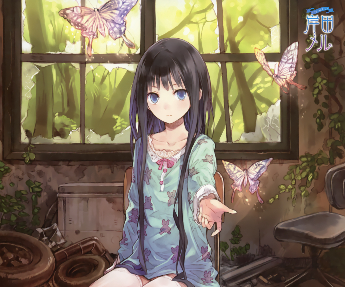 black_hair, blue_eyes, kamisama_no_memo_chou, kishida_mel, long_hair, scan, shionji_yuuko, thighhighs