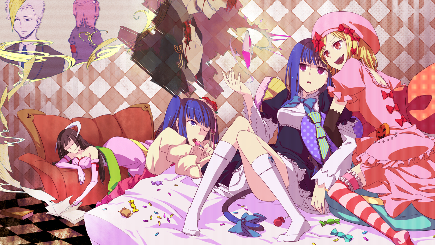 bed, candy, dress, featherine_augustus_aurora, frederica_bernkastel, furudo_erika, group, lambdadelta